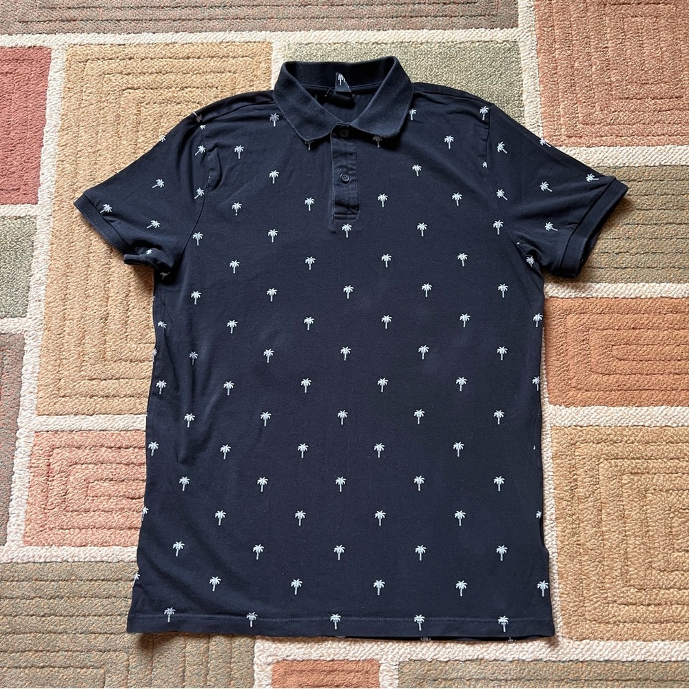 H&M Polo Shirt Men Size S Palm Tree Print Black and Grey